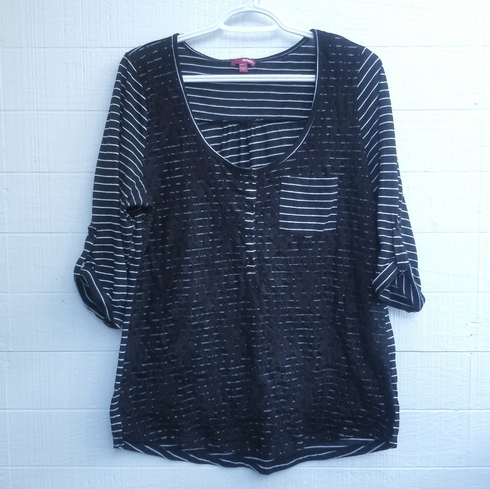 Bongo Stripes and Lace 3/4 Sleeve Button Top